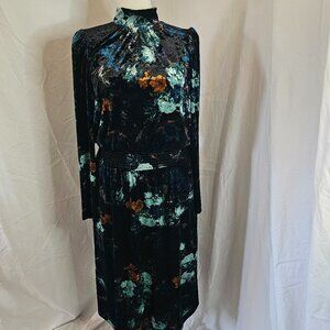 Ryegrass Velour Long Sleeve Black Floral Midi Dress